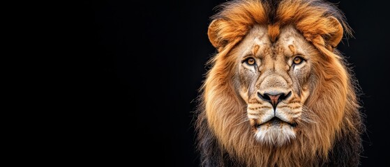  A tight shot of a lion's face against a black backdrop, mane billowing in the wind