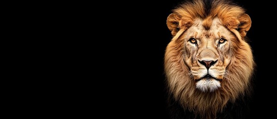  A lion's face in close-up against a black backdrop, mirrored by its expressive eyes in the reflection