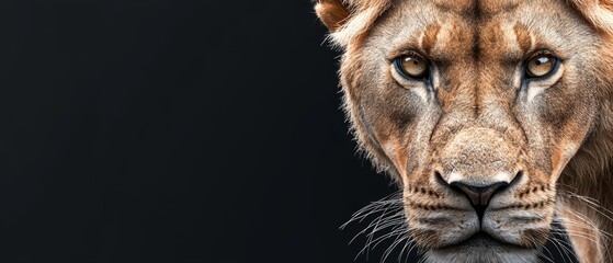  A lion's face in tight focus against a black backdrop, its features softened by a hazy blur