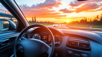 A view from inside a car driving down a highway at sunset. The sun is setting in the distance and the road ahead is clear.