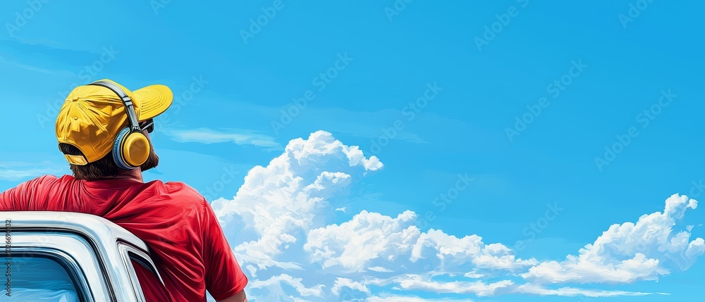 Poster  A man in a painting wears headphones, gazing out of a car window at a blue sky adorned with white clouds