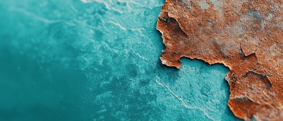  A rusted metal piece atop blue-green wall, adjacent to a water-filled, blue backdrop