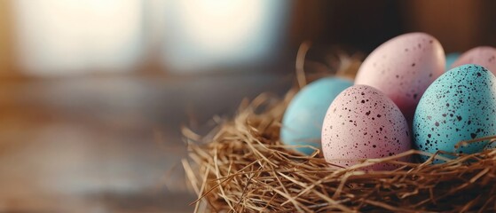 Obraz premium A nest atop hay on a wooden table near a window, cradling eggs