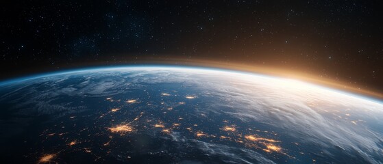 cities' lights in foreground, stars in background