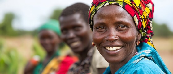  A woman wearing a headscarf smiles at the camera Three people stand behind her in a field
