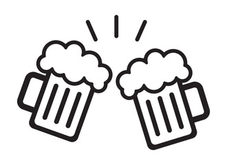 Cheers in the Pub, bar. Two beer mugs with foam toasting together. Beer mugs with foam, isolated on a white background. Beer mug icon outline vector. Cheer up friend.Lager beer. Toasting with mugs.