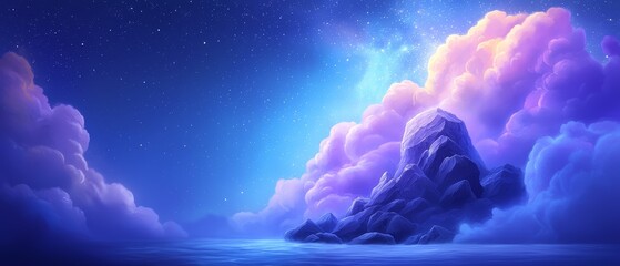  A painting of a rocky outcropping, situated in the heart of the ocean beneath a night sky, adorned with stars and clouds