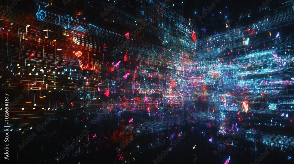 Poster abstract background with glowing music notes and particles.