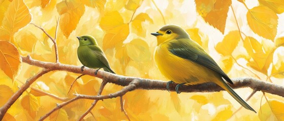  Two birds on a branch before a tree with yellow leaves against a sunlit yellow backdrop