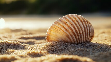 A close-up of a single clam shell sitting on a textured sandy beach, with tiny grains of sand clinging to it.