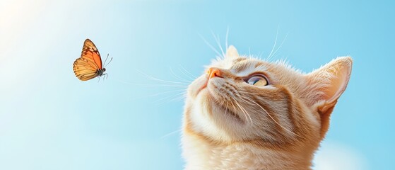  A tight shot of a feline gazing at a small orange butterfly against a backdrop of blue sky