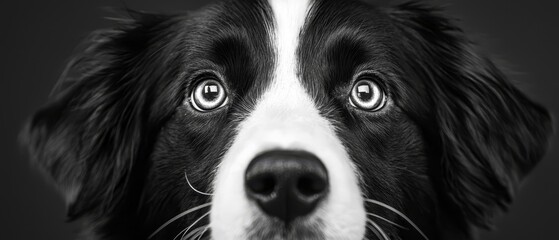  A tight shot of a dog's expressive face, set against a backdrop of a black and white canine counterpart