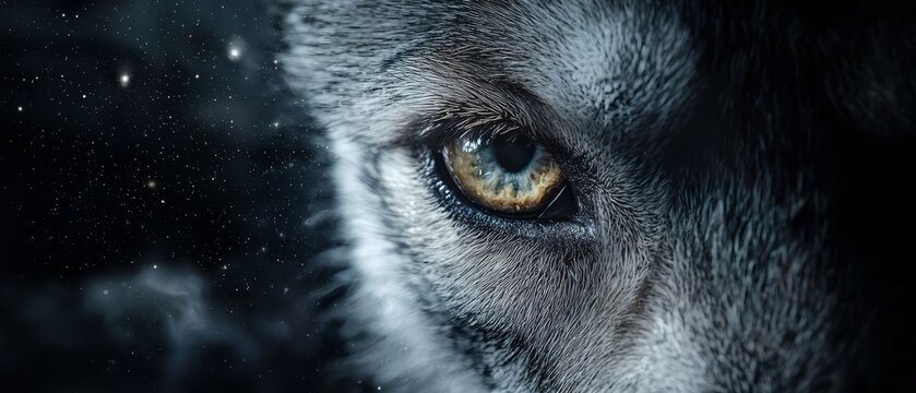  A tight shot of a wolf's eye with stars in the night sky behind it In the foreground, nothing obstructs the view