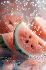 Fototapeta premium A close up of a watermelon slice with water droplets falling on it. The watermelon is cut in half and has a few black seeds. Concept of freshness and summertime