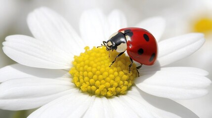 A ladybug with red and black wings perched on a white daisy flower with yellow center.
