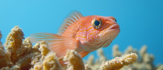 Fototapeta premium A tight shot of a fish over corals, beneath a blue sky backdrop