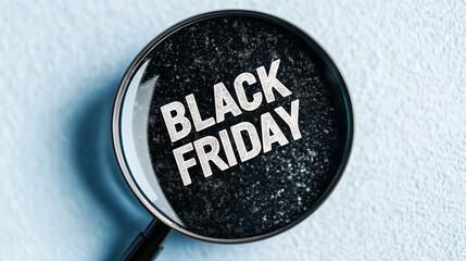 Macro shot through magnifying glass of text on dark background "BLACK FRIDAY",  snow on the background.