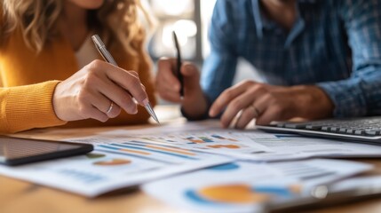 A couple reviewing their financial plan with an advisor, focusing on a retirement savings report.