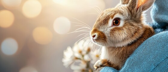  A tight shot of a rabbit perched on someone's lap, surrounded by indistinctive lights in the backdrop