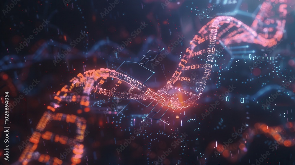 Poster a vibrant 3d dna strand intricately connected with dynamic digital data, representing the fusion of 
