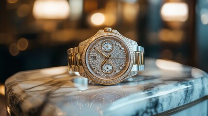 A diamond-studded watch displayed on a marble table, capturing the essence of luxury.