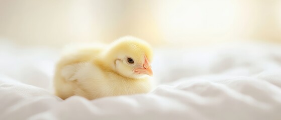  A tight shot of a small yellow duck on a white comfortered bed facing a window in the background