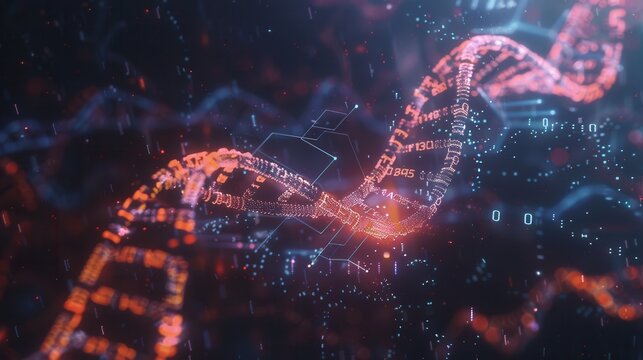 A vibrant 3D DNA strand intricately connected with dynamic digital data, representing the fusion of biology and technology in genetic analysis. Generative AI - Powered by Adobe