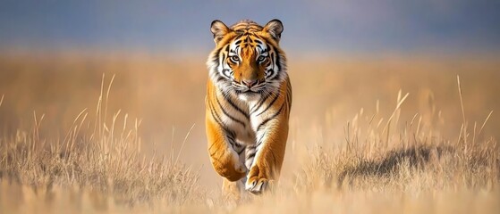  A tiger sprints across a field of towering grasses, framed by a blue sky dotted with scattered clouds