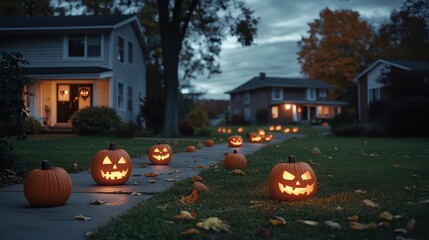 A small suburban neighborhood in the late evening with eerie Halloween decorations scattered across lawns
