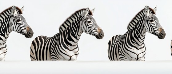 Fototapeta premium Three zebras aligned, facing front, white background