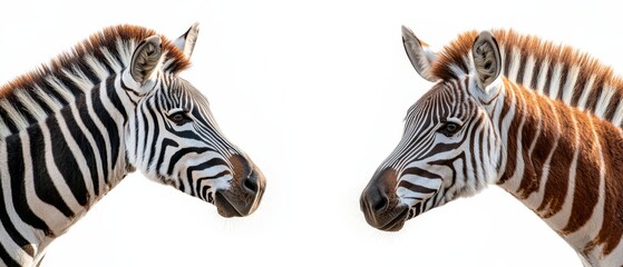 one zebra turns its head left, while the other turns its head right