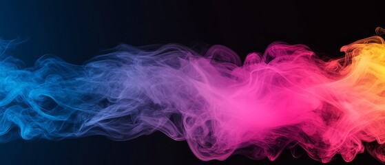 Fototapeta premium Colorful smoke against a black backdrop features a blue-red stripe running through its midst; its hues are pink, yellow, and red