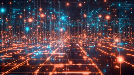 Naklejka premium A futuristic digital grid with glowing lines and nodes representing data and connectivity.