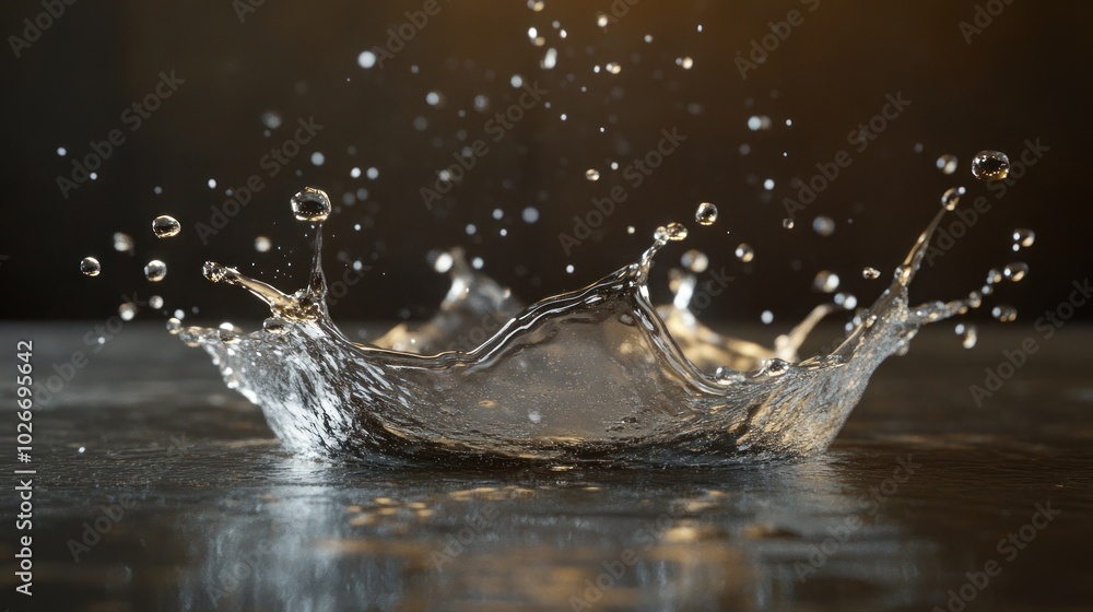 Aufkleber a close-up of a water drop splashing and creating a crown-shaped splash on a dark surface.