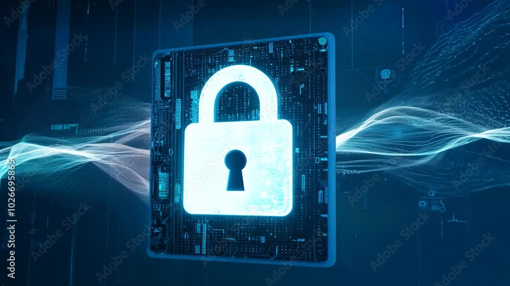 Poster a digital padlock icon on a blue digital background with circuit board pattern.