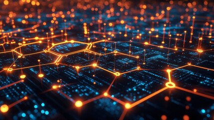 Obraz premium A glowing 3D network of hexagons representing data, tech, and communication.
