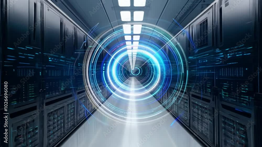 Poster a futuristic server room with rows of sleek, black servers and bright lights, creating a sense of po