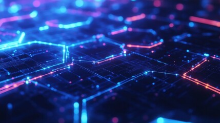 Obraz premium A grid of hexagons glowing in neon blue, creating a digital tech background.