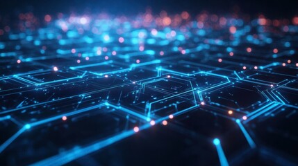 Obraz premium A grid of hexagons glowing in neon blue, creating a digital tech background.