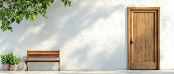  A wooden bench faces a white wall A wooden door is adjacent to the wall Next to the bench, there's a potted plant