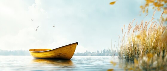  A yellow boat floats atop a serene lake Nearby, a tall grass-covered shore stands Birds gracefully fly in the expansive sky above