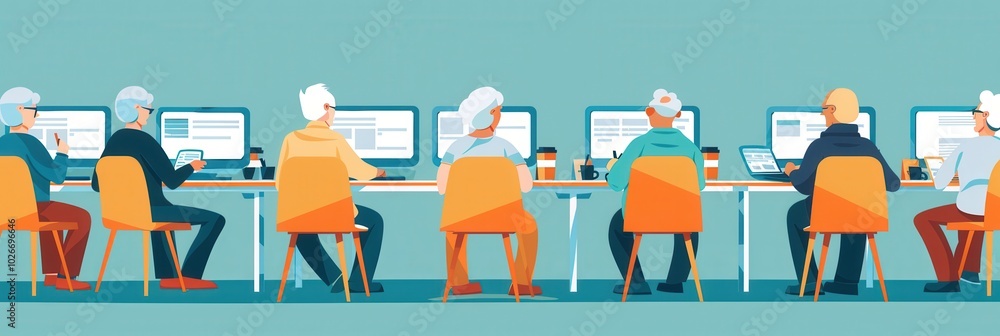 Leinwandbilder a group of elderly participants engages with laptops, learning essential computer skills in a suppor