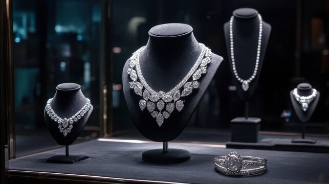 A high-end jewelry shop window display featuring diamond rings, necklaces, and earrings.