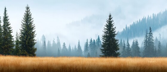 Obraz premium A painting of a grassy field with trees in the background and a foggy sky, obscuring the middle portion