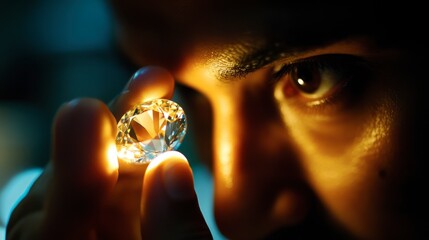 A jeweler holding up a diamond under soft lighting, evaluating its brilliance and cut.