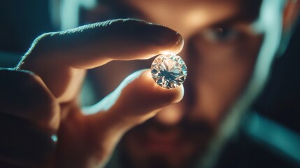 A jeweler holding up a diamond under soft lighting, evaluating its brilliance and cut.