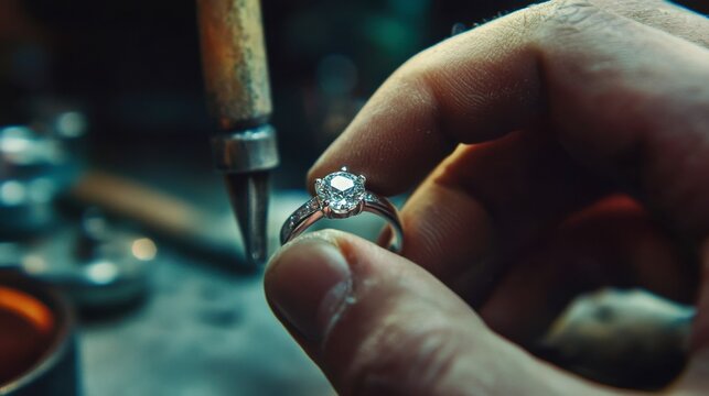 A jeweler setting a diamond into a custom engagement ring in a workshop.