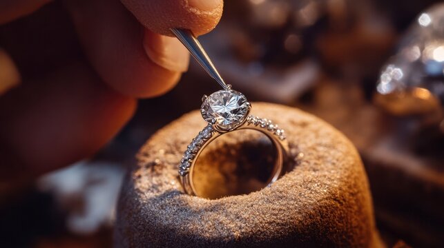 A jeweler setting a diamond into a custom engagement ring in a workshop.