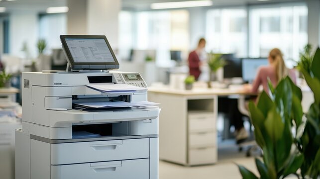 A large office printer producing multiple copies of a document, with employees working in the background.