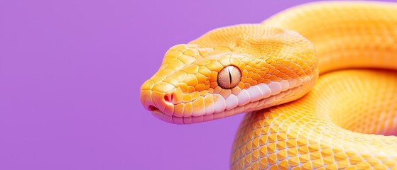 Fototapeta premium A tight shot of a snake's head against a purple backdrop, soft focus on its eye
